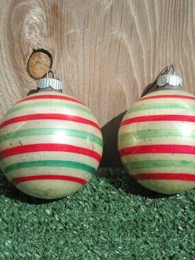 2 Vintage Shiny Brite Red & Green Striped Ball Christmas Ornaments